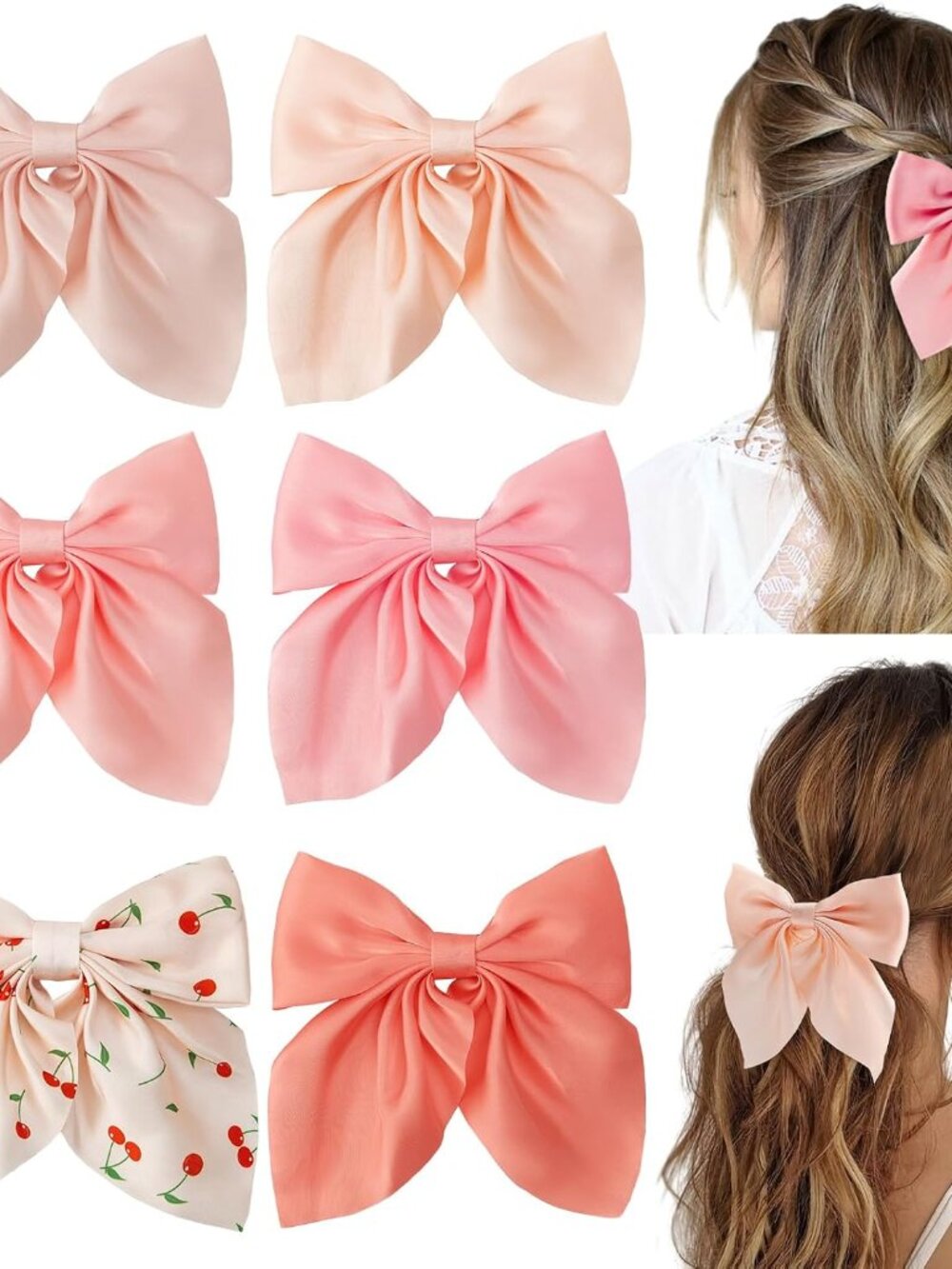 6Pcs Hair Bows for Women, Silky Satin Bow Hair Clips for Girls